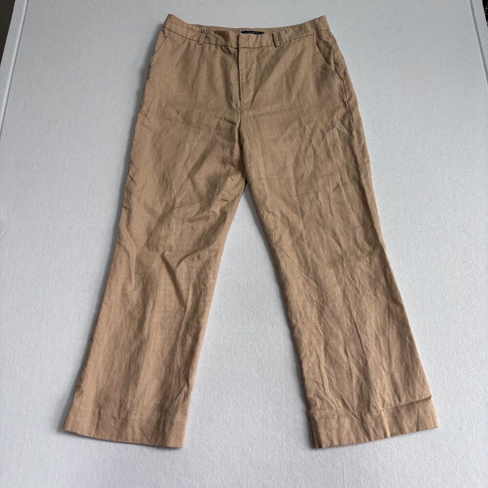 Ralph Lauren 100% Linen Trouser Pant Women's 12 Tan Straight Leg Preppy Polished